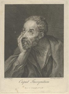 An old bearded man resting his head on his right hand and looking upwards to the left, aft..., 1775. Creator: Domenico Cunego.
