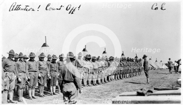 'Attention! Count Off!'; soldiers at Fort Sheridan, Illinois, USA, 1920. Artist: Unknown