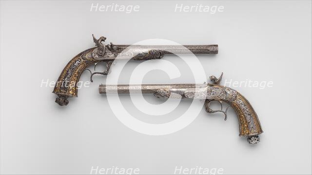 Two Percussion Exhibition Pistols, French, dated 1849 and 1851. Creators: Lepage Moutier, Antoine Vechte, Léopold Bernard.