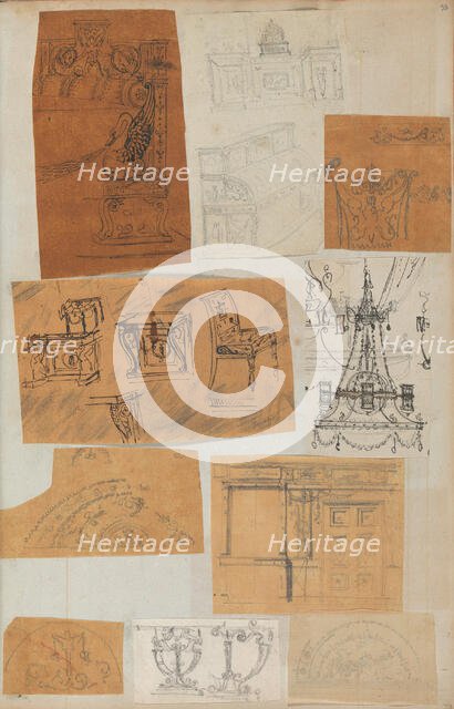Page from a Scrapbook containing Drawings and Several Prints of Architecture, Int..., ca. 1800-1850. Creators: Workshop of Charles Percier, Workshop of Pierre François Léonard Fontaine.