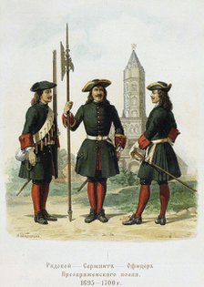 Dress uniforms of the Preobrazhensky Regiment in 1695-1700, 1901-1904. Artist: Charlemagne, Adolf (1826-1901)