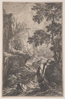 Plate 2: a hunter aiming with his gun, kneeling next to a large rock at right, a ma..., ca. 1700-25. Creator: Franz Joachim Beich.