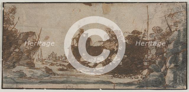 Rocky Inlet with Boats and Buildings (recto); Sketches of Castles (verso), 1600s. Creator: Unknown.