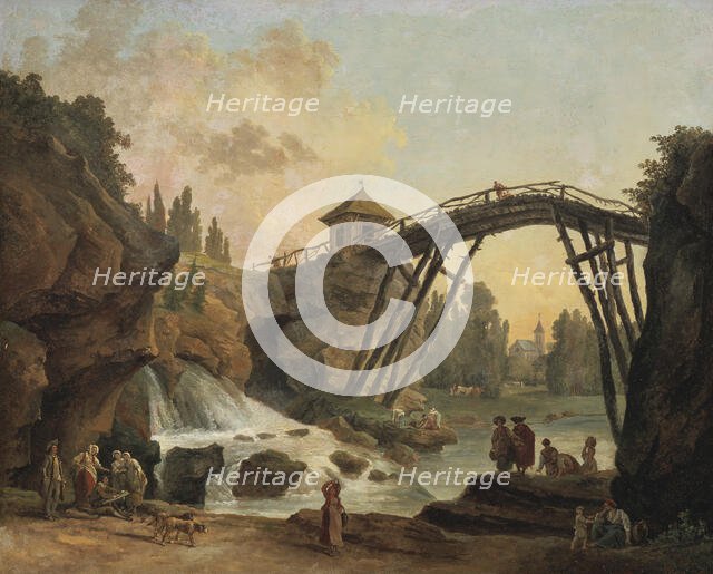 Draughtsman Drawing the Wooden Bridge in the Park of Méréville, late 18th-early 19th century. Creator: Hubert Robert.