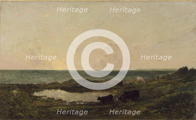 Sunset on the Coast at Villerville, 1855, with later retouching by the artist. Creator: Charles Francois Daubigny.