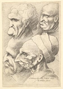 Four grotesque heads in profile to left, 1625-77. Creator: Wenceslaus Hollar.