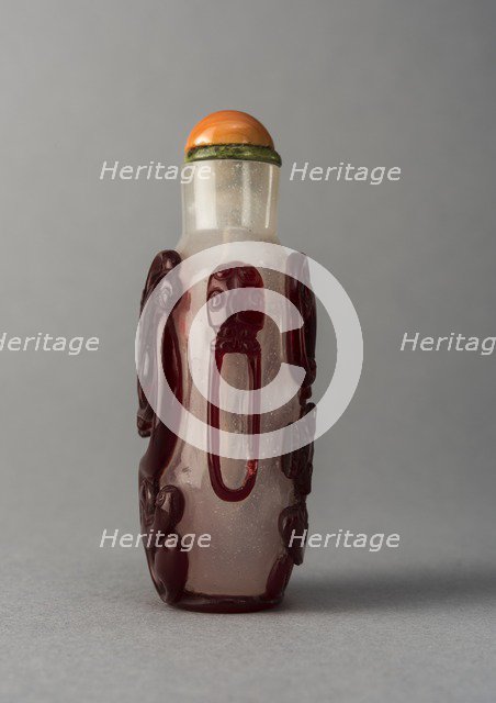 Clear glass snuff bottle with red overlay, China, Qing dynasty, 1644-1911. Creator: Unknown.