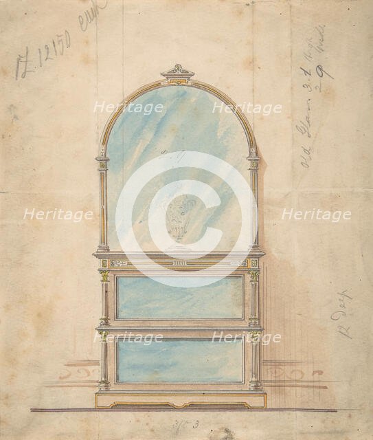 Design for a Mirror-fronted Cabinet Topped with a Mirror, 19th century. Creator: Anon.