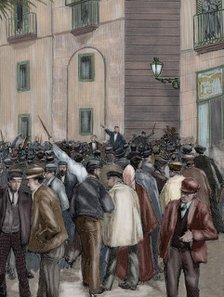 Workers' demonstration outside the Captaincy General, Barcelona, Spain, 1890. Creator: Rico.