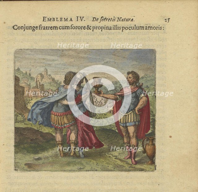 Emblem 4. Add the brother to the sister and give them the cup of love, 1618. Creator: Merian, Matthäus, the Elder (1593-1650).