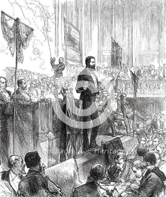 Lieutenant Cameron at the Meeting of the Royal Geographical Society, 1876. Creator: C.R..