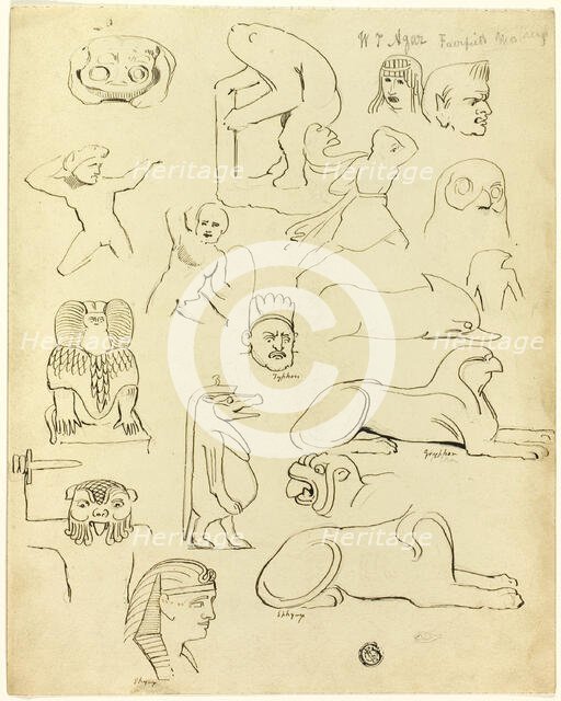 Sketches After Sculptures and Reliefs, Mainly Egyptian, 19th century. Creator: W.T. Agar.