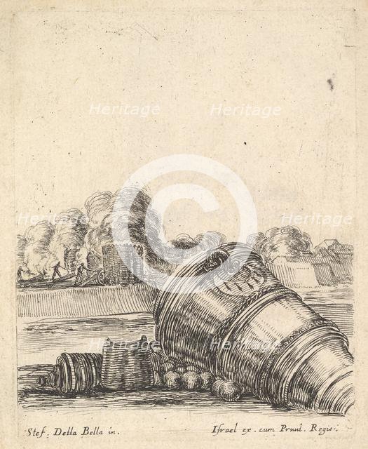 A mortar without a carriage lying on the ground to the right, soldiers firing canno..., ca. 1638-43. Creator: Stefano della Bella.