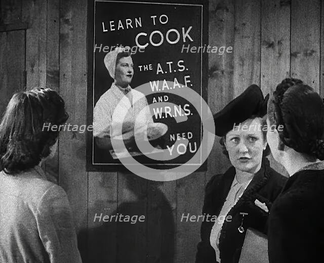 An Information Film Showing Women Looking at a Recruitment Poster for Female Army Cooks, 1942. Creator: British Pathe Ltd.