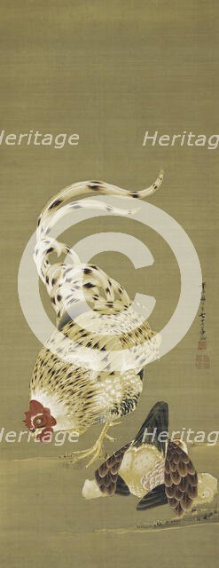 Rooster, Hen and Chickens, 1789. Creator: Jakuchu, Ito (1716-1800).