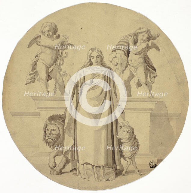 Allegorical Female Figure with Lion, Lamb, Two Putti, n.d. Creator: Frederic Leighton.