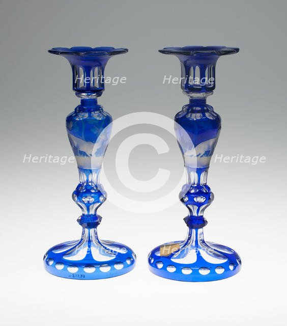 Pair of Candlesticks, Bohemia, 1850/75. Creator: Bohemia Glass.