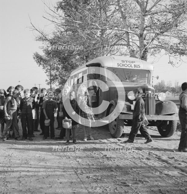 The children from Dead Ox Flat get off bus at school yard, Ontario, Oregon, 1939. Creator: Dorothea Lange.