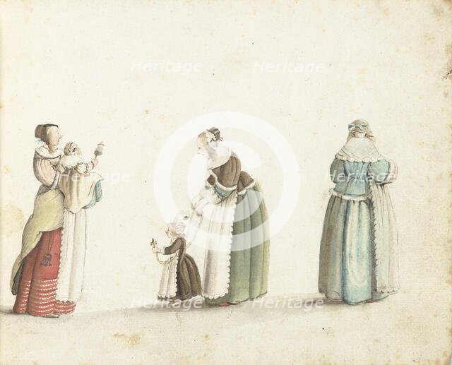 Three women standing with two children, c.1649. Creator: Gesina ter Borch.
