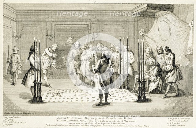 Assembly of Freemasons before the initiation of a master, c1733. Artist: Unknown