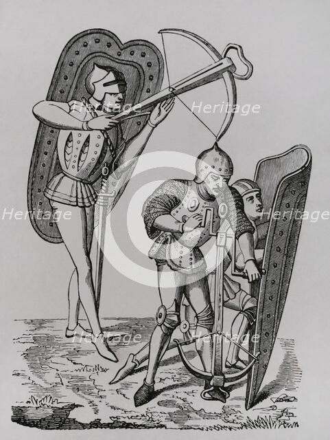 Crossbowmen protected by shields, 15th century, (1877). Creator: Unknown.