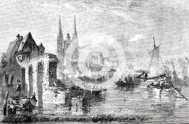 Market Boats Arriving at Angers - painted by E. A. Goodall, 1850. Creator: Unknown.