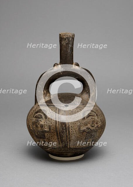 Blackware Stirrup Spout Vessel with a Relief Depicting Warriors with Raised Arms, A.D. 1200/1450. Creator: Unknown.