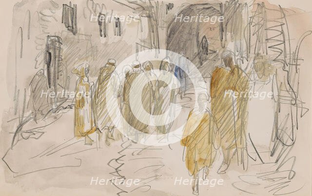 Street with standing figures in a circle, 1923. Creator: Marius Bauer.