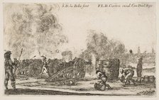Plate 6: battery of cannons firing on a city, from 'Various Military Caprices' (Varii ..., ca. 1641. Creator: Stefano della Bella.