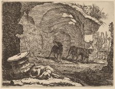 Four Dogs, One Sleeping beside a Capital, 1642. Creator: Jan Fyt.