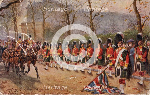 Dipping the Colours to Royalty, the Gordon Highlanders lining Constitution Hill, 1932. Creator: Harry Payne.