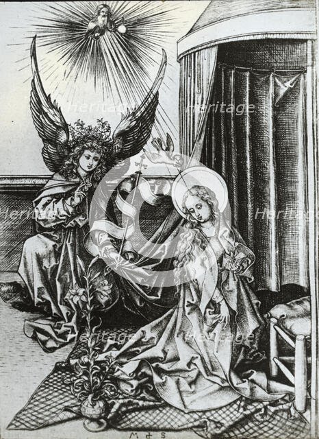 Reproduction of print: Annunciation, between 1915 and 1925. Creator: Martin Schongauer.