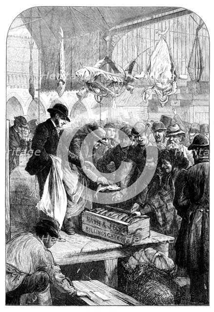 A fish auction in Columbia Market, 1871. Creator: Unknown.