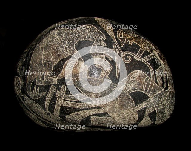 The ica stone. A dinosaur killing a man. Creator: The Ica stones.