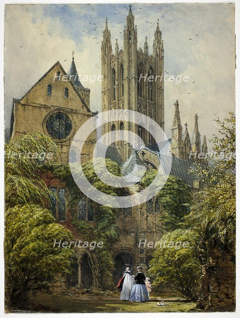 Professor, Woman, Child and Dog in Cathedral Close, 1860/65. Creator: Joseph Nash.