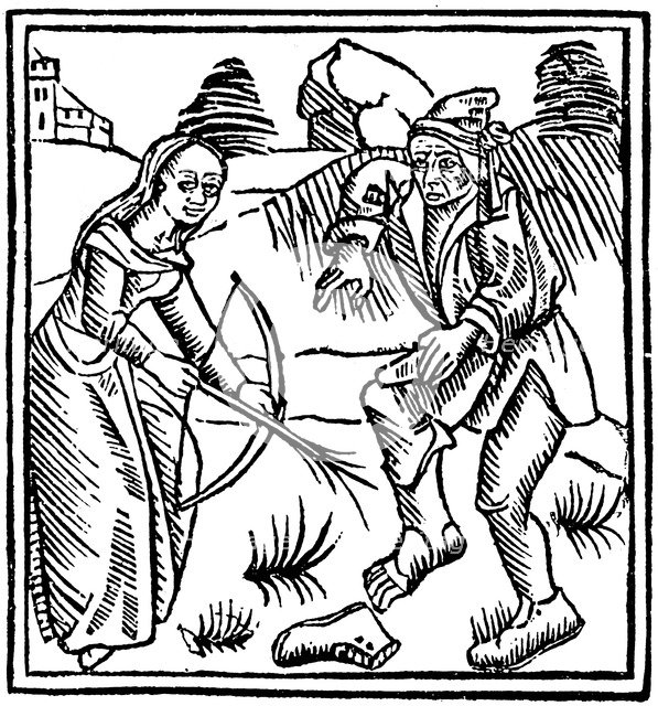 Witch shooting a man in the foot with an enchanted arrow made from a hazel wand, 1489. Artist: Unknown