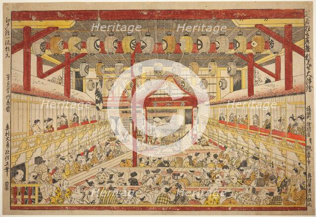 Large Perspective Picture of the Kaomise Performance on the Kabuki Stage (Shibai...c. 1745. Creator: Okumura Masanobu.