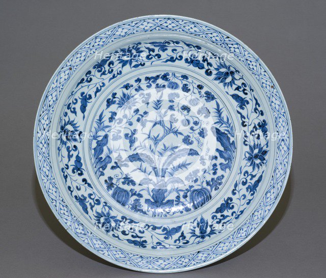 Blue-and-white dish with plants, late 14th century. Artist: Unknown.