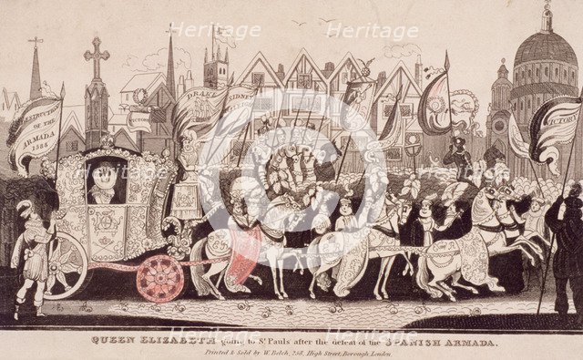 Queen Elizabeth I travelling by coach to St Paul's after the defeat of the Spanish Armada, c1840. Artist: Anon