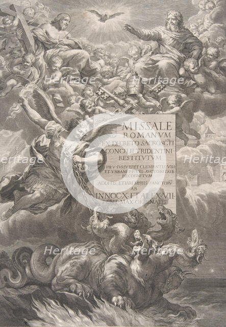 The holy trinity with Saint Michael vanquishing a six-headed dragon, frontispiece to '..., ca. 1662. Creator: François Spierre.