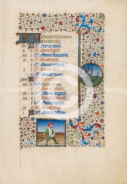 October Calendar Page: Sowing: Scorpio; Book of Hours, about 1440-1450. Creator: Workshop of the Bedford Master.