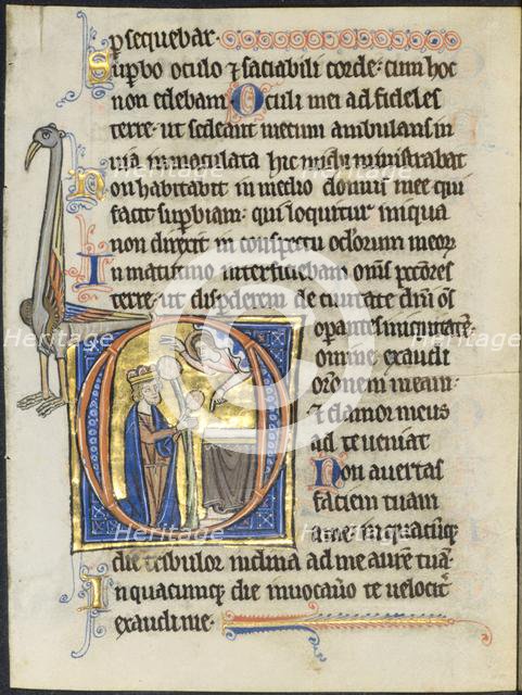 Leaf from a Psalter: Initial D: David in Prayer before an Altar and Christ in a Cloud..., c. 1270-12 Creator: Unknown.