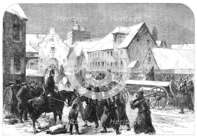 The War in Schleswig: Prussian ammunition-train entering Flensburg - by our special artist, 1864. Creator: Unknown.