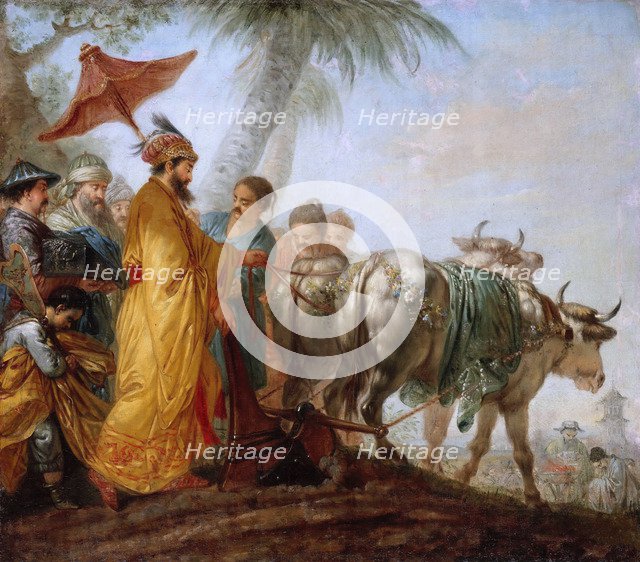 The Emperor of China with a plough. (The Chinese Emperor ploughs the first furrow to honour agricult Artist: Rode, Christian Bernhard (1725-1797)
