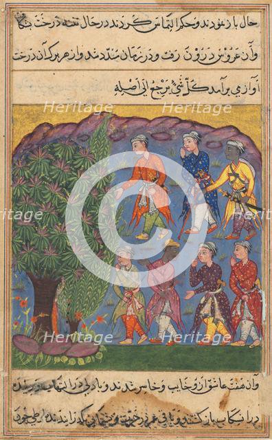 Page from Tales of a Parrot (Tuti-nama): Sixth night: Seven men disputing possession..., c. 1560. Creator: Unknown.