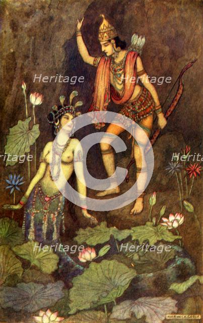 'Arjuna and the River Nymph', 1913. Creator: Warwick Goble.