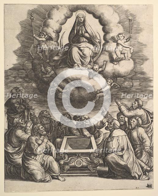 The Assumption of the Virgin, below the apostles surround the tomb, 1530-60. Creator: Master of the Die.