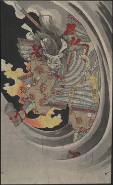 The ghost of the general Taira no Tomomori crashing through waves at Nunobiki Waterfall, 1889. Creator: Yoshitoshi, Tsukioka (1839-1892).