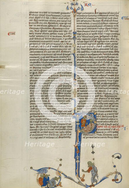 Initial P: King Ahaziah Reclining on a Couch; Abbey Bible, about 1250-1262. Creator: Unknown.