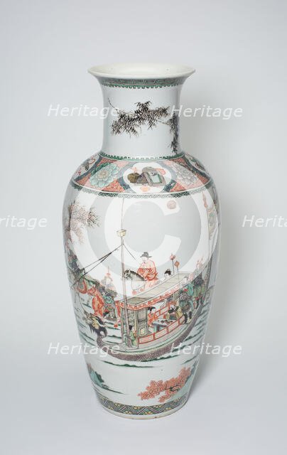 Vase with Bamboo, Auspicious Symbols, and Military and Civilian Figures..., Qing dynasty, (1662-1722 Creator: Unknown.